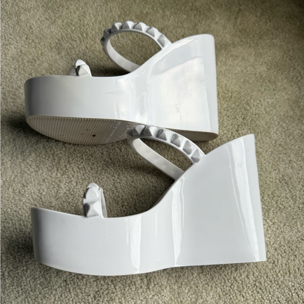 Glossy White Wedges with Pearl Studded Strap